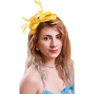 Elegant yellow sinamay fascinator hat with feathers for women party wedding race event headwear