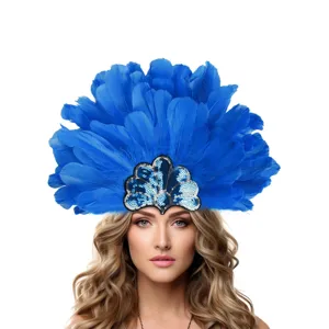 Coiffure de carnaval en plumes bleues serre-tête pailleté brillant fête spectacle danse