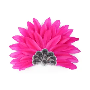 Gros plan sur la coiffe de plumes de carnaval rose vif avec base de sequins brillants.