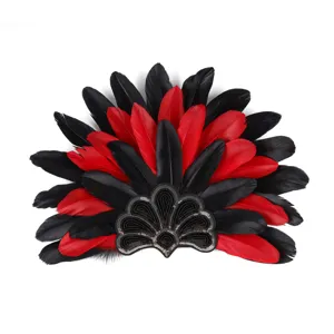 Détail exquis de coiffe en plumes noires et rouges avec broderie de sequins étincelants.