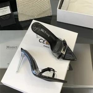 Women pointed toe transparent buckle stiletto mules summer new fashion crystal high heels.