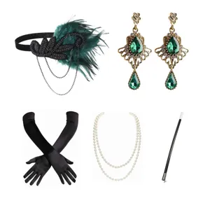 Vintage 1920er Jahre Flapper Feder Stirnband Kette Handschuhe Ohrringe Zigarettenhalter Party Kostüm Schmuck Set Dunkelgrün