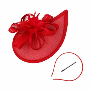 Red mesh fascinator hat detail, elegant feather accent, headband and hair clip included.