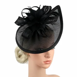 Black fascinator hat with feathers and mesh, elegant tea party wedding headpiece for women.