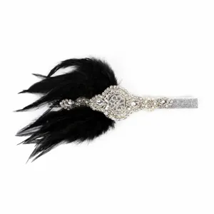 Fascia per capelli vintage anni 20 con piume nere e strass per festa Gatsby matrimonio