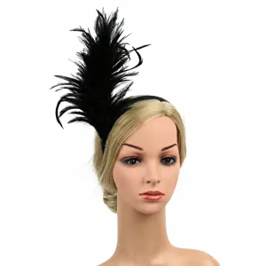 Close-up detail of the vintage black feather headband, elegant design for party hair accessory.