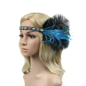 1920s vintage flapper feather headband with rhinestones and blue feathers for bridal party.
