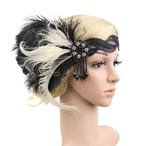 Vintage 1920s flapper feather headband rhinestone tassel hair accessory for women party prom.