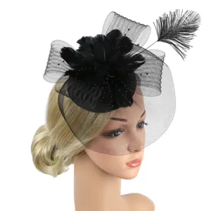 Elegant black feather fascinator hat with mesh veil, perfect for weddings, parties, and events.