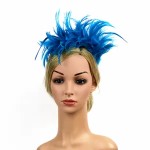 Blue feather fascinator headband for women, stylish party headwear and wedding hair accessory.