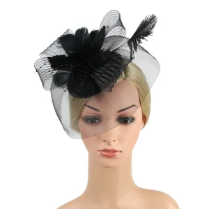 Elegant black feather mesh fascinator hat detail shot, perfect for weddings and cocktail parties.
