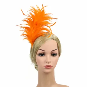 Orange feather headband detail, perfect for parties and photoshoots, festive hair accessory.