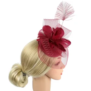 Elegant burgundy feather fascinator hat with mesh for wedding cocktail party women