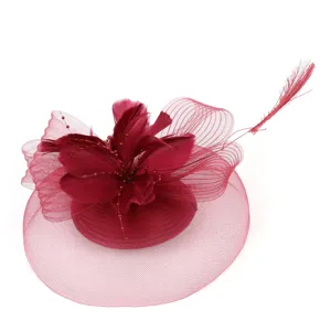 Exquisite red feather mesh fascinator detail, elegant bridal wedding party hair accessory.