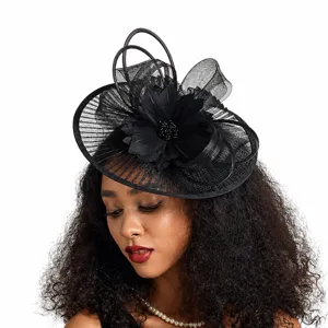 Black mesh fascinator hat detail view, elegant feather flower retro headwear for women