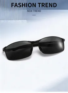 Detail shot of black metal frame polarized sunglasses, ideal for driving and outdoor daily use.