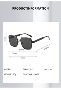 Grandes lunettes de soleil carrées sans monture pour femmes avec protection UV400 et cadre PC.