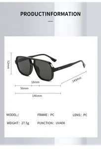 Retro square double beam pilot sunglasses detail size and parameter specification image.