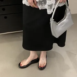 Detail shot of women summer wedge platform clear strap sandals showcasing fashionable design.