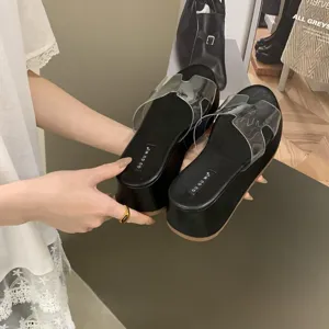 Closeup detail of women's platform wedge slide sandals with transparent clear strap.
