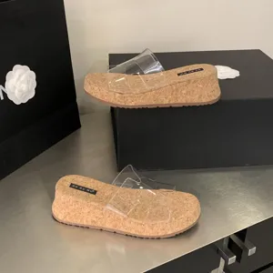 Detail shot of clear PVC strap cork wedge sandals, stylish summer outdoor footwear.