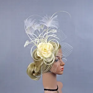 Beige feather flower fascinator headpiece detail, elegant wedding prom bridal hair accessory.