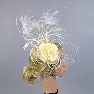 Elegant European wedding bridal veil fascinator hat with feather and flower for party events.