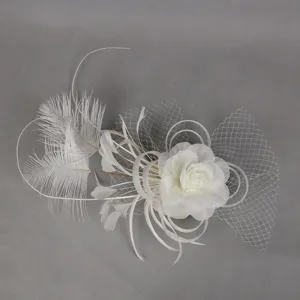 Elegant white rose feather fascinator headpiece detail, perfect for weddings and parties.