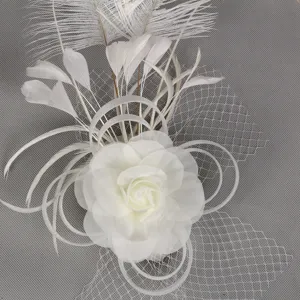 White feather mesh flower hair accessory detail view, perfect for weddings, proms, and parties.