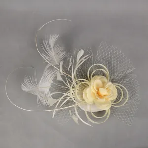 Elegant beige fascinator headpiece with feathers and mesh for party wedding and formal events.