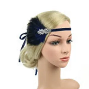 Vintage 1920s Flapper Feather Headband Blue Velvet Crystal Rhinestone Hair Accessory Prom