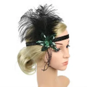 1920s vintage black feather green crystal headband flapper headpiece for party costume