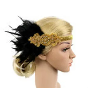 Vintage 1920s flapper feather headband detail view, exquisite gold sequin applique for party.