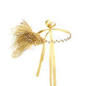 Close-up detail of the gold feather rhinestone headband, showing exquisite craftsmanship and ribbon.