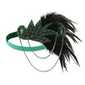 Close-up detail of the 1920s vintage feather flapper headband with shimmering rhinestone chains.