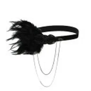 Detail shot of the vintage black feather headband with elegant hanging metal chains for party.