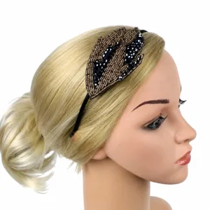 Close-up detail of the 1920s vintage beaded leaf headband, elegant retro hair accessory.
