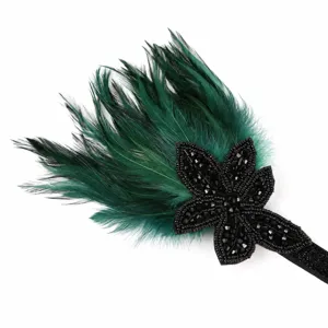 Vintage grünes Feder Stirnband mit glitzernden schwarzen Strasssteinen für Party und Hochzeit.