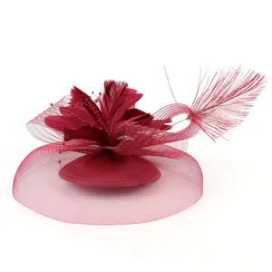 Detailed close-up view of the elegant burgundy fascinator hat with delicate mesh and feathers.
