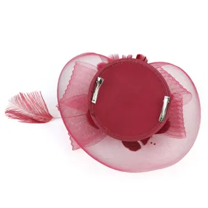 Burgundy mesh feather fascinator hat back detail showing dual metal clips for secure wear.
