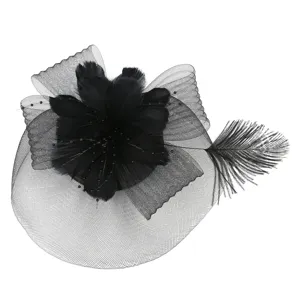 Black feather mesh fascinator headband elegant bridal party hat hair accessory detail view