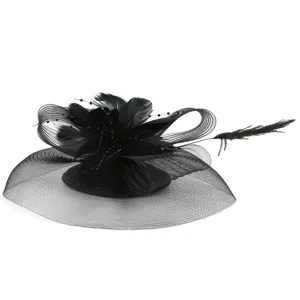 Elegant black mesh fascinator hat with feathers and beads for weddings, parties and banquets.
