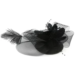 Close-up detail of elegant black feather fascinator hat with delicate mesh and beads for party.