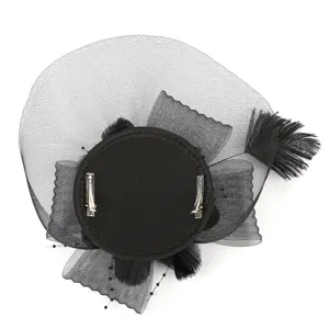 Black mesh feather fascinator hat vintage pillbox hat bridal party hair clip for women.
