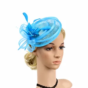 Elegant Linen Mesh Fascinator Hat Hair Clip With Feather Decoration Vintage Bridal Wedding Headwear Women Banquet Party Accessories