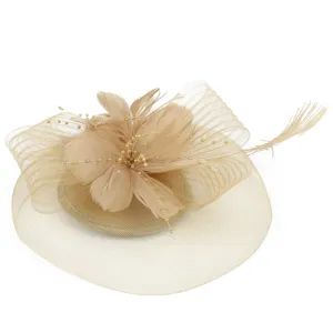 Elegant champagne fascinator hat with mesh feathers and pearls for wedding party tea dress