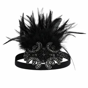 Bandeau de cheveux plume noire vintage 1920s perles accessoire pour fete et Halloween.