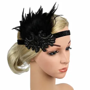 1920s Vintage Noir Plume Bandeau Flapper Coiffe Fête Soirée Accessoire Cheveux Détail