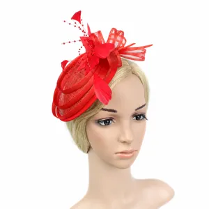 Red fascinator hat mesh feather hair clip vintage bridal party headwear accessories