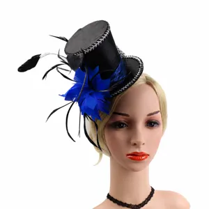 Black feather mini top hat for Halloween party, elegant mesh headwear costume accessory.